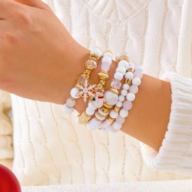 Imagem de Conjunto de pulseiras de Natal boêmio em camadas, pingente de sino de boneco de neve, joia de mão empilhável para mulheres, One Size, Cristal, Sem Pedra Preciosa
