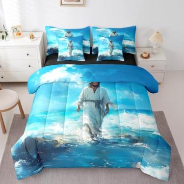 Imagem de Jogo de cama solteiro, 7 peças, versículos da Bíblia cristã, praia, oceano azul, tema de pintura a óleo, arte a óleo, 1 colcha, lençol de cima, 2 fronhas, 2 fronhas