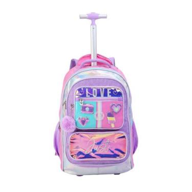 Imagem de Mochila Rodinha Escolar Teen Patches Moderna com Pompom - Denlex