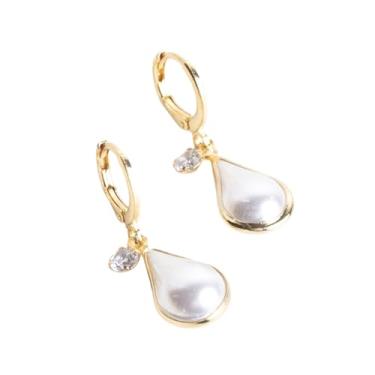 Imagem de Brinco Dourado Fecho Click Pérola Gota e Zircônia Cristal Folheado a Ouro 18k