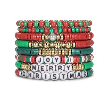 Imagem de OATHYAN 7-8 peças de pulseira Heishi de Natal para mulheres, linda pulseira de liga elástica, conjunto de contas de argila de polímero com pingentes de letras, One Size, Liga de aço Argila de polímero