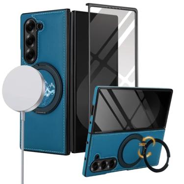 Imagem de XKchatpt Capa para Samsung Galaxy Z Fold 6, suporte giratório de 360° com protetor de tela, couro PU suporta carregamento sem fio, antichoque, capa antiqueda para Galaxy Z Fold 6 (azul)