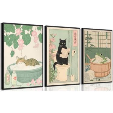Imagem de 3 peças de arte de parede de banheiro estilo japonês com pintura interessante de gato sapo decoração de parede de animais japoneses fofos impressão de pôster arte para banheiro banheiro banheiro