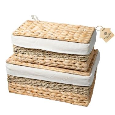 Imagem de BINH YEN HOME Cestas de armazenamento de vime com tampa e forro, alças de transporte embutidas, conjunto de 2 cestas de armazenamento de jacinto de água tecidas à mão para organização, decoração de