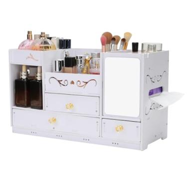 Imagem de Wtufaelk Organizador de maquiagem grande com espelho para bancada – 3 gavetas e porta-pincéis | Organizador de mesa de armazenamento de cosméticos e cuidados com a pele para dormitório, banheiro