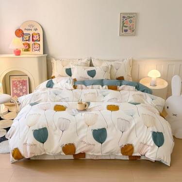 Imagem de Dokiwaki Conjunto de capa de edredom floral, Queen de algodão escovado grosso, botânico, com 2 zíperes e fronhas, estampa de dente-de-leão, reversível, azul, outono, estampa de flores brancas e