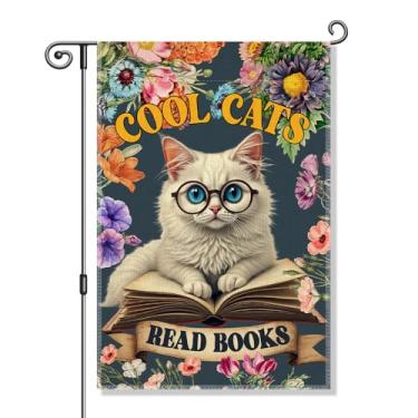 Imagem de Vgrti Gatos legais lêem livros bandeira de jardim, faixa para amantes de gatos fofos presentes para amantes de livros, bandeira de biblioteca para parque nacional, decoração de quintal de clube de