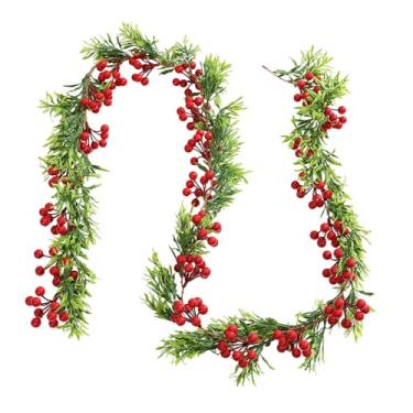 Imagem de oshhni Guirlanda de Natal com Frutos Vermelhos, Guirlanda Decorativa Realista para Porta de Entrada, Jardim, Festa e Escadas, 1,95 m de Comprimento