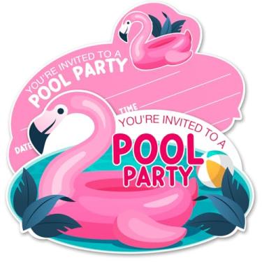 Imagem de QYCFDXD Convites de festa na piscina com envelopes, conjunto de 20 convites de flamingo para piscina, aniversário, chá de bebê, convites para festas, lembrancinhas, dupla face