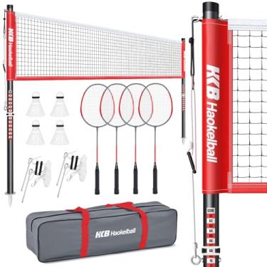 Imagem de Haokelball Conjunto de badminton para quintal, rede de badminton portátil de 6 metros com bastões, 4 raquetes de badminton e 4 petecas, design de tensão de rede estável, bolsa de transporte incluída
