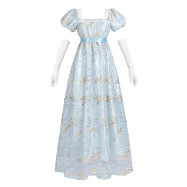 Imagem de LTAKK Regency Dress Vestido feminino Regency fantasia cintura império chá festa decote em V vestido vitoriano com faixa, Azul, G