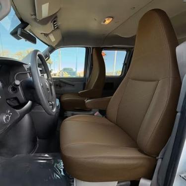 Imagem de Jokuye Capas de assento Oxford 600D resistentes para Chevy Express 2010-2025 Protetores de assento concha dianteiros com recorte de alça fácil de instalar - marrom