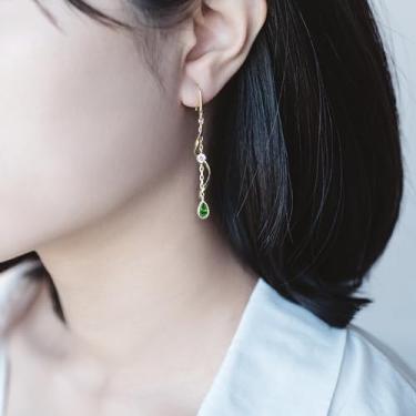 Imagem de Brincos pendentes femininos de prata esterlina 925 banhado a ouro rosa, pedra do mês de outubro, brinco hipoalergênico, Medium, Cobre, Esmeralda