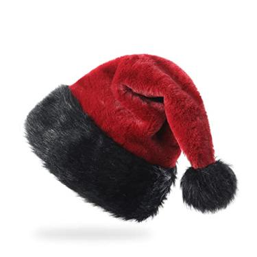 Imagem de TWSANTAMAS Chapéu de Natal, chapéu de Papai Noel de pelúcia super macio para presente de festa de Natal, chapéu de Papai Noel personalizado, chapéu de Natal para adultos unissex (preto-bordô)