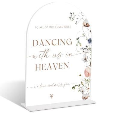 Imagem de Placa floral Boho dançando conosco no céu, placa acrílica de arco com suporte, sinalização de casamento para recepção, decoração de mesa de chuveiro nupcial, decorações de festa de noivado, itens