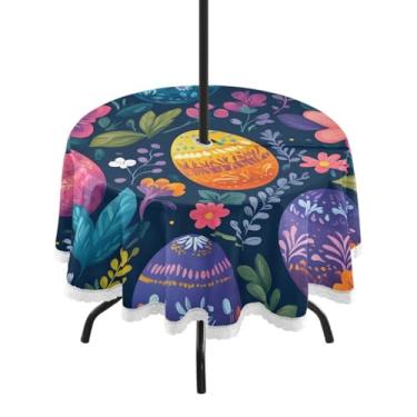 Imagem de Blueangle Toalha de mesa redonda de 152 cm à prova d'água com lindos ovos de Páscoa com orifício para guarda-chuva - Tecido resistente para todos os climas à prova de sol para pátio, acampamento