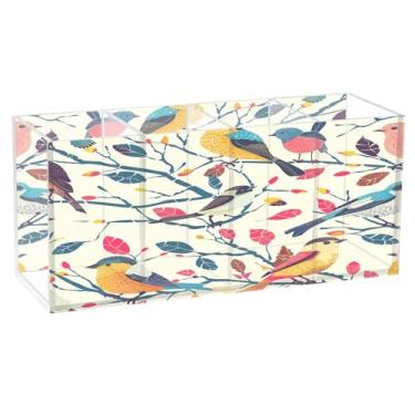 Imagem de SEHANY Lindo porta-canetas de acrílico com flores em aquarela, pássaro, 4 compartimentos, porta-lápis transparente, organizador de pincéis de maquiagem, organizador de papelaria para escritório, casa