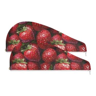 Imagem de SEHANY Toalha de cabelo de microfibra de morangos rosa aquarela para mulheres, 2 peças, turbantes de cabelo de secagem rápida com botão, touca de cabelo seco absorvente toalha de secagem de cabelo