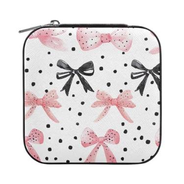 Imagem de SEHANY Caixa de joias personalizada com laço rosa para mulheres, meninas, mini estojo de joias de couro PU, organizador de joias de viagem, caixa de joias para brincos, anéis, colares, presentes para