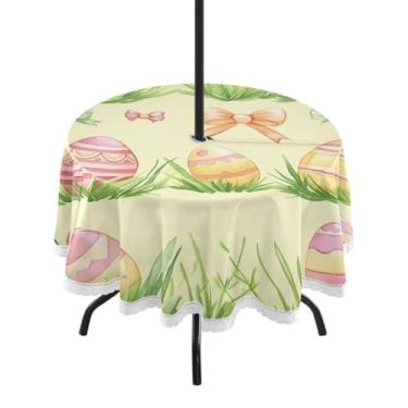 Imagem de Blueangle Toalha de mesa redonda impermeável com laços de ovos de Páscoa de 152 cm com orifício para guarda-chuva - Tecido resistente à prova de sol para todos os climas para pátio, acampamento