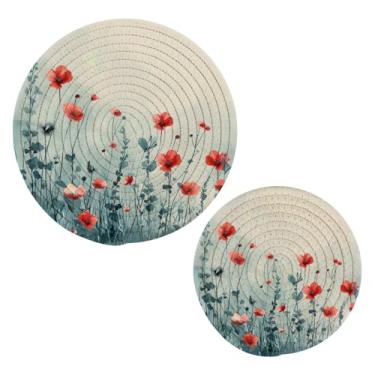 Imagem de Blueangle 2 peças de suporte de panela de flores silvestres em aquarela - conjunto de pegadores de panela de tecido redondo - almofadas quentes trançadas de algodão - porta-copos - tapetes de mesa