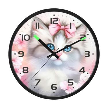 Imagem de SEHANY Relógio de parede de gato fofo, silencioso, sem tique-taque, operado por bateria, controle de som, luz noturna, relógios de parede para sala de estar, cozinha, quarto, escritório, decoração de