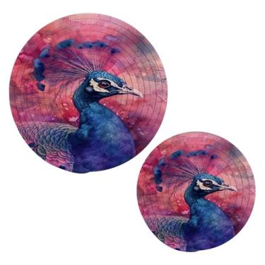 Imagem de Blueangle 2 peças de suporte de panela de pavão em aquarela - conjunto de pegadores de panela de tecido redondo - almofadas quentes trançadas de algodão - porta-copos - tapetes de mesa para cozinhar e