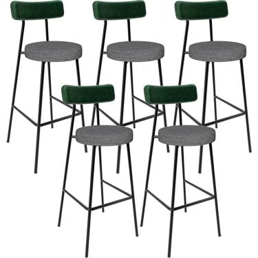 Imagem de Kit 05 Banquetas Alta Bar Cozinha Sala Jantar Milão L02 Facto Verde Linho Cinza Escuro - Lyam Decor