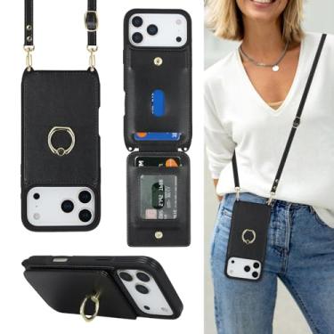 Imagem de Lipvina Capa para iPhone 17 Pro com suporte para cartão e alça para mulheres, cordão transversal, suporte de anel, fecho de pressão, capas de carteira de telefone fofas de 6,3 polegadas (preto)