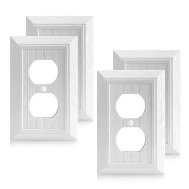 Imagem de EGHCXXD Pacote com 4 capas de tomada brancas, estilo clássico de design de grão de madeira retrô, placas decorativas modernas para interruptor de luz para receptáculo elétrico (tamanho médio duplex)