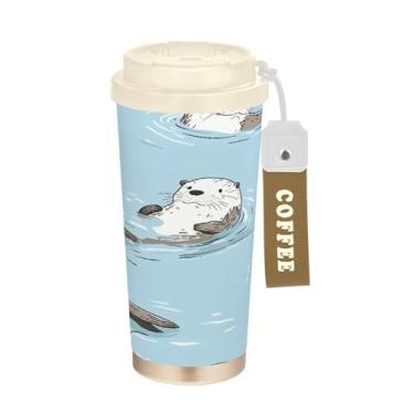 Imagem de STAYTOP Caneca de café com isolamento térmico Suise de desenho animado fofo de 500 ml, copo de café reutilizável de aço inoxidável com tampa flip à prova de vazamento à prova de derramamento para