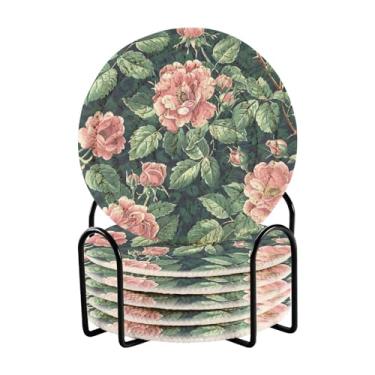 Imagem de Qilmy Conjunto de 6 peças para copos de peônias bonitas ou porta-copos de bar para bebidas, porta-copos de fazenda ou porta-copos de mesa rústicos, porta-copos modernos de algodão para o Natal 1775