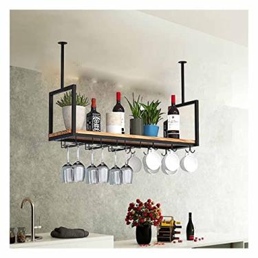 Imagem de APUM Rack de vinho pendurado, suporte de armazenamento de vinho de metal para garrafa de teto com prateleira de vidro de taças para embaixo do armário, cozinha, bar, preto