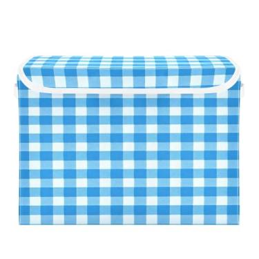 Imagem de CEBUGI Caixotes de armazenamento com tampas, caixa de armazenamento de tecido dobrável, caixa organizadora de cubo com estampa de guingão azul para prateleiras de armário de casa e quarto, 40 x 30 x