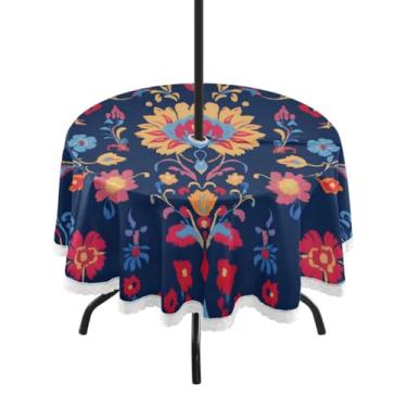 Imagem de CEBUGI Toalha de mesa redonda para uso ao ar livre, estampa floral, impermeável, com furo Umberlla, capa de mesa lavável para pátio, cozinha, sala de jantar, 152 cm