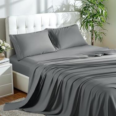 Imagem de Shilucheng Jogo de lençol Queen Size 4 peças - Lençóis de microfibra de luxo - 1800TC - lençol com elástico alto, lençol de cima, 2 fronhas, respirável e resistente a rugas (Queen, cinza escuro - 33)