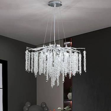 Imagem de Lustre de galhos de árvore prateado D60CM, lustre moderno redondo com cristais em formato de gota de chuva, luminária pendente para teto, ideal para sala de jantar, ilha de cozinha, quarto e