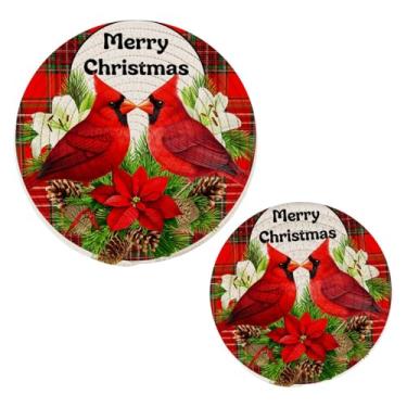 Imagem de Wassud Conjunto de trivet de pássaros vermelhos de Natal para pratos quentes, suportes redondos de algodão, almofadas quentes, porta-copos elegantes, decoração de cozinha e acessórios, 2 peças
