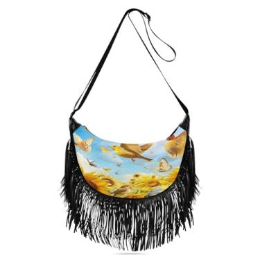 Imagem de CEBUGI Bolsa tiracolo feminina com franja, borla, pássaros, girassóis, Hobo, bolsa tiracolo com alças ajustáveis
