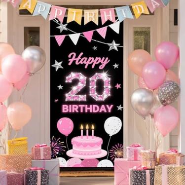 Imagem de BlissYard Capa para porta feliz aniversário de 20 anos bolo de diamante rosa 188 x 89 cm para porta da frente aniversário varanda banner decoração festa vinte marco sinal de boas-vindas decoração