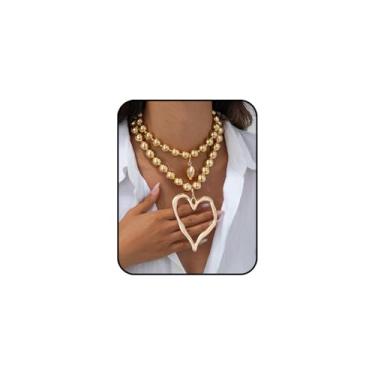 Imagem de Tazimo Y2K Colares de coração grosso para mulheres, colares grandes em camadas douradas, contas duplas, colar de coração grande, pingente de declaração exagerada, joias presentes, Large, Metal, Sem