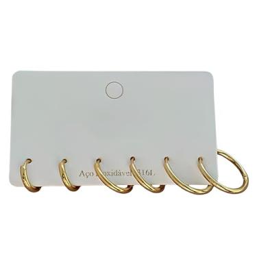 Imagem de Kit 3 Pares de Brincos Aço Inoxidável Argolinhas Finas Delicidas Dourado