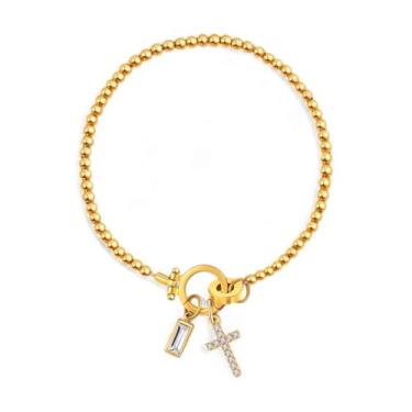 Imagem de Mint & Lily Pulseira com pingente de cruz de pedra do mês de nascimento - Pulseira feminina banhada a ouro 18 K sobre latão com pedra preciosa,, 7.5", Metal, Diamante