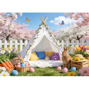 Imagem de DePhoto Fundo de 1,8 x 1,8 m para barraca de Páscoa, coelhinho, ovos coloridos, jardim, flor, cerca, para decoração de festa de aniversário de bebê com tema de primavera