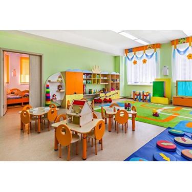 Imagem de Leyiyi Fundo fotográfico de 2,1 x 1,5 m, cenário de jardim de infância, sala de jogos, sala de jogos, cadeira de sala de aula, cortina de canto, brinquedos para quarto, armário, bolas coloridas, foto