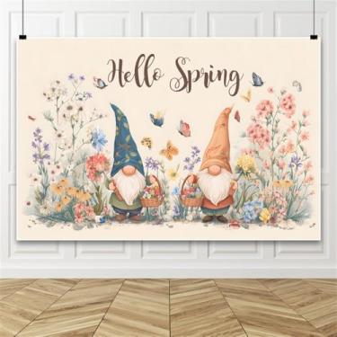 Imagem de OFILA Pano de fundo de primavera gnomo borboleta de flores silvestres fundo fotográfico 3 x 2,4 m aquarela floral pano de fundo de tecido retrato de tecido decorações de festa de aniversário faixa de
