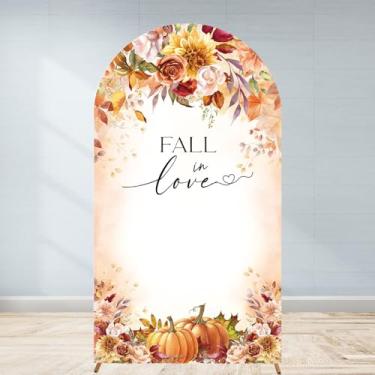 Imagem de Capa de fundo de arco Fall in Love 2 m outono chá de panela abóbora floral flor casamento noivado bebê tecido elástico arqueado foto cabine fundo placa de boas-vindas (1 x 2 m)