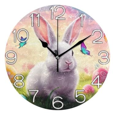 Imagem de Relógio de parede analógico decorativo escritório cozinha relógio operado por bateria, decoração de parede retrô moderna art déco, coelho da Páscoa, primavera, fofo, 25 cm, ponteiros pretos