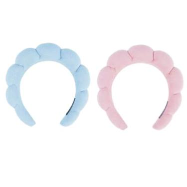Imagem de Pacote com 2 faixas de cabelo de pano felpudo para lavagem de rosto e cuidados com a pele - maquiagem reutilizável e facial (azul, rosa)