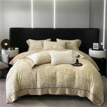 Imagem de Conjunto de cama Queen Style, roupa de cama macia, capa de edredom de inverno, lençóis duplos, edredom com borda larga, dourado, tamanho Queen, 4 peças